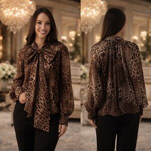 Luxe Sheer Ballon Sleeve Statement Self Tie Bow Leopard Print Blouse!
